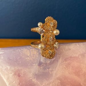 Henri Bendel Rose Gold Floral Crystal & Pearls Double  Pave Ring 6 6.5 7
